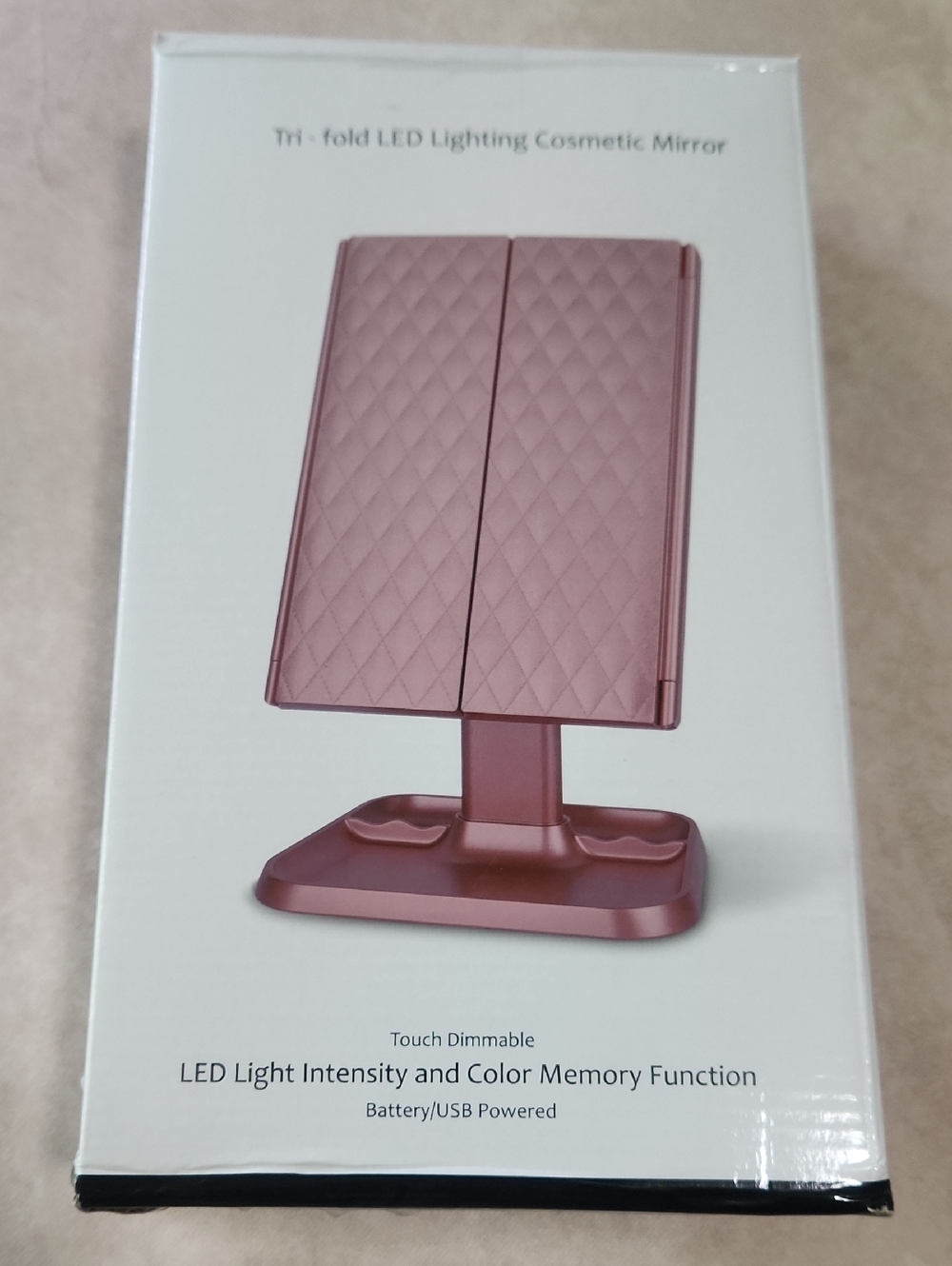 NIB Trifold LED Lighting Cosmetic Mirror Touch Dimmable USB/Battery